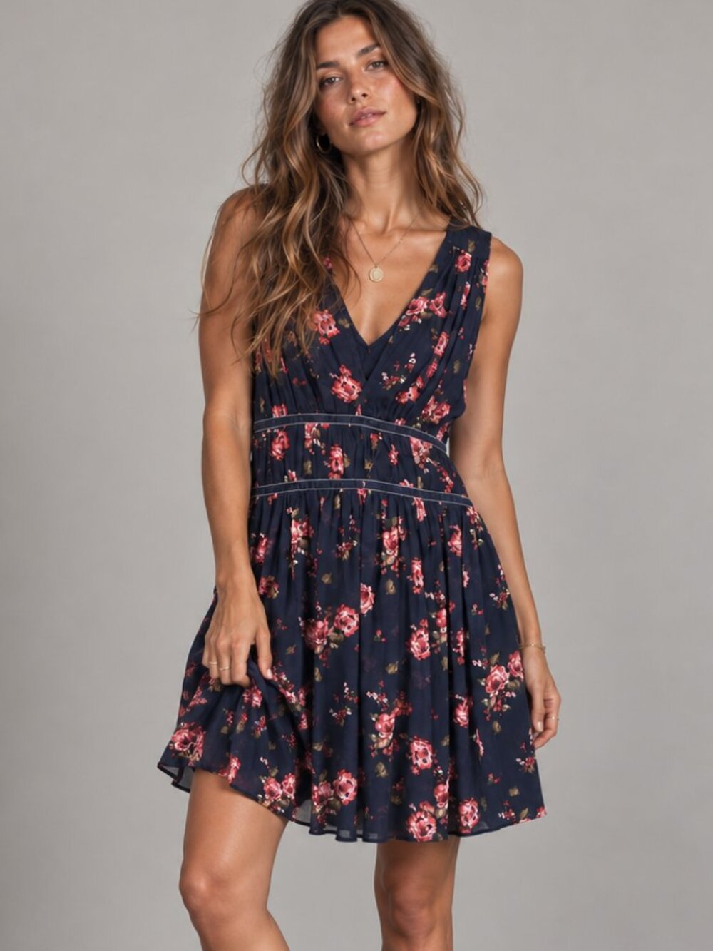 ABERCROMBIE & FITCH Navy Pink Floral Chiffon V-Neck Mini Dress Size S EUC